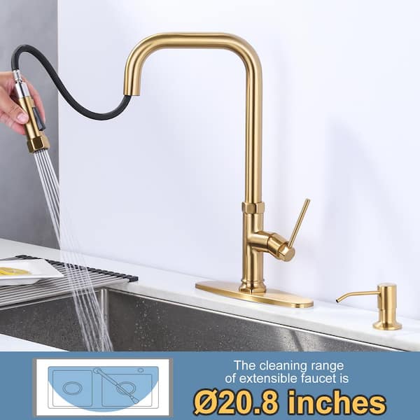 Brass Single Handle Pull Down Sprayer Kitchen Faucet with Soap Dispenser in Gold