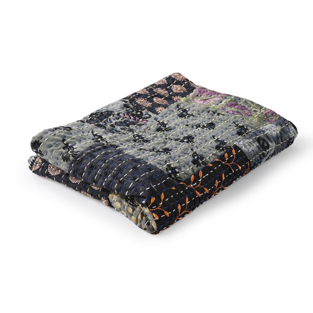 Faith Grey/ Multicolored Patchwork Hand-Stitched Organic Cotton Throw Blank
