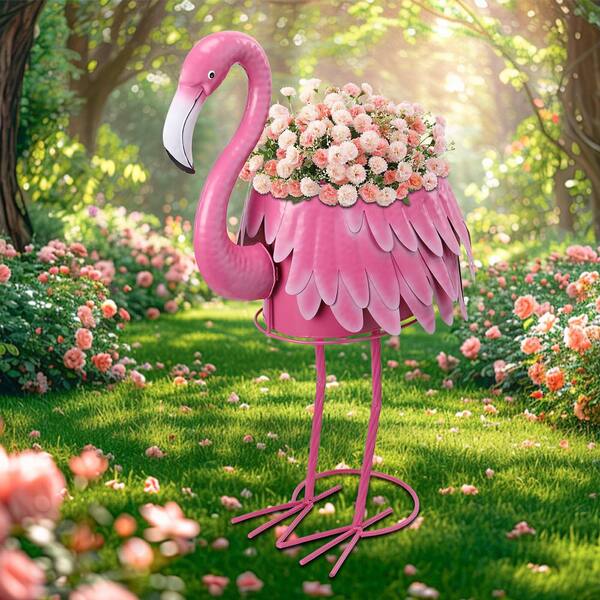Augbeer Metal Standing Flamingo Plant Pots with Drain Hole for