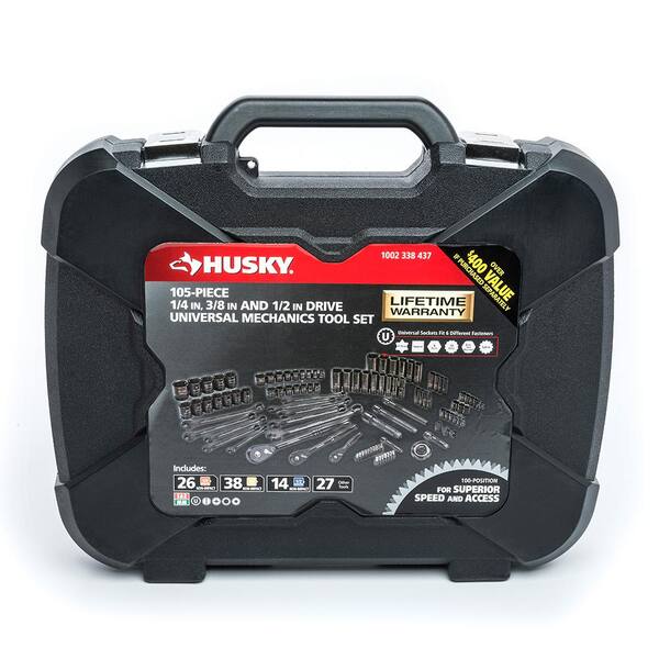 Husky - 1/4 in., 3/8 in. and 1/2 in. Drive 100-Position Universal SAE and Metric Mechanics Tool Set (105-Piece)