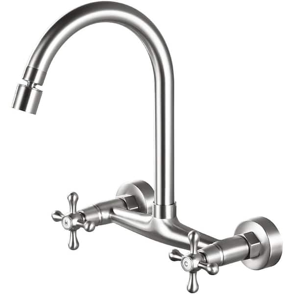 Commercial Double Handle Wall Mount Standard Kitchen Faucet in Brushed Nickel