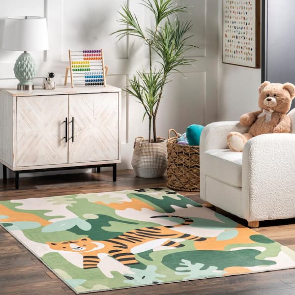 Reenie Jungle Tiger Machine Washable Green 7 ft. 6 in. x 9 ft. 6 in. Area Rug