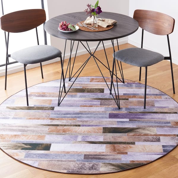 Faux Hide Beige/Purple 6 ft. x 6 ft. Machine Washable Plaid Geometric Round Area Rug