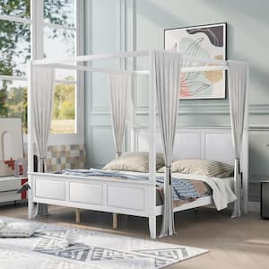 Canopy White King Bed Wood Poster Panel Beds Modern King Bed Frame with Headboard and Footboard, No Box Spring Needed