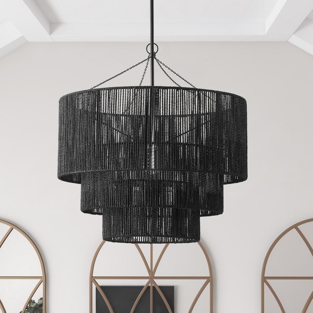 Black Tiered Metal and Rattan Pendant Light