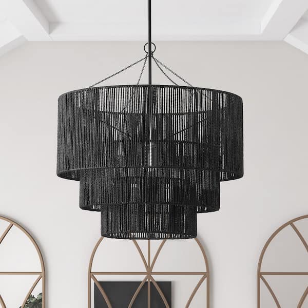 aiwen 23.62 in. 1-Light Farmhouse Black Coastal Woven Chandelier 