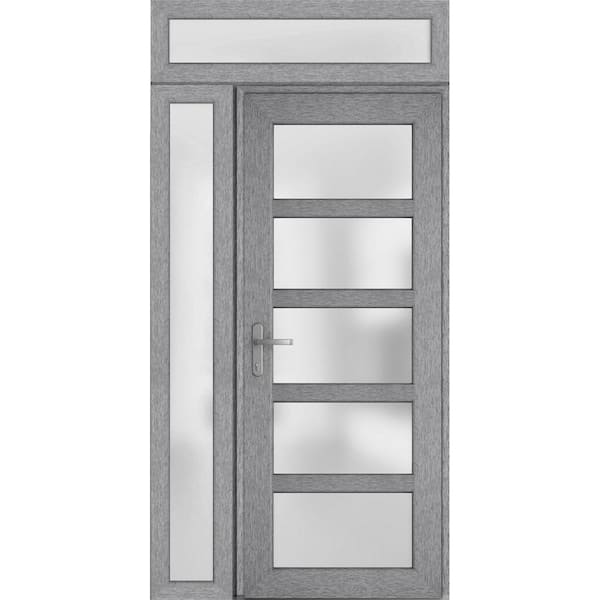 VDOMDOORS 50 in. x 94 in. Right-Hand/Inswing Side and Transom Frosted Glass Grey Steel Prehung Front Door with Hardware