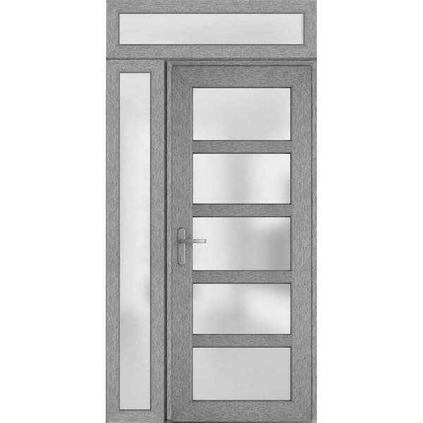 VDOMDOORS 52 in. x 94 in. Right-Hand/Inswing Side and Transom Frosted Glass Grey Steel Prehung Front Door with Hardware