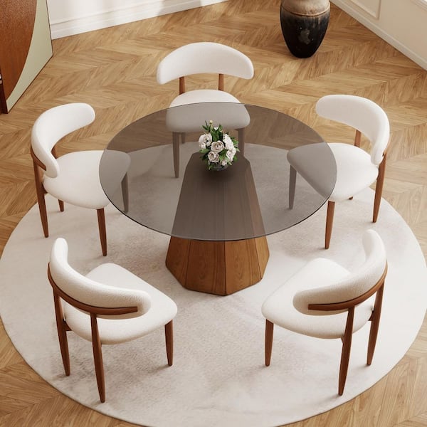 Modern 53.15 in. Black Round Tempered Glass Tabletop Dining Table with Walnut Pedestal Base (Seats 6)