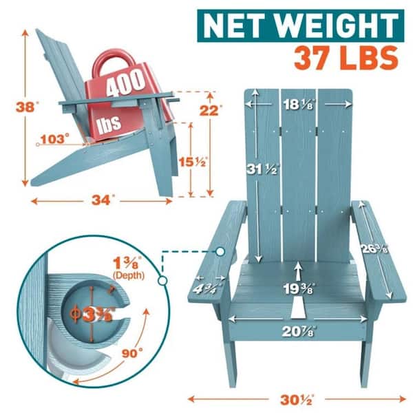Blue Weather Resistant Plastic Outdoor Patio Adirondack Chair with Cup Holder
