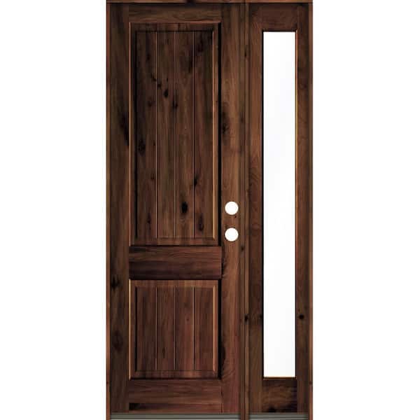 Krosswood Doors 44 in. x 96 in. Knotty Alder Square Top Left-Hand/Inswing Clear Glass Red Mahogany Stain Wood Prehung Front Door w/RFSL