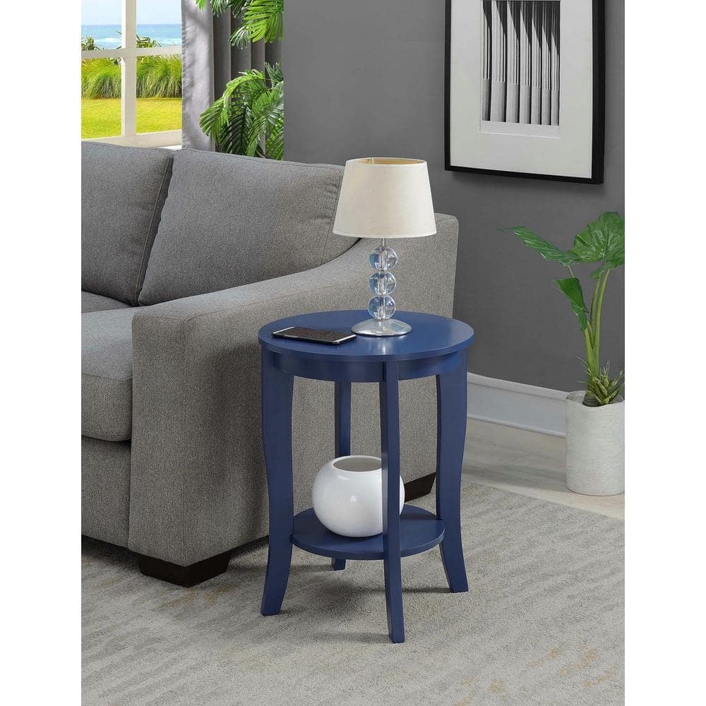 Cobalt Blue Round Wood End Table with Shelf