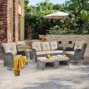 Gray 6-Piece Wicker Outdoor Patio Conversation Rocking Chairs Sofa Set with Beige Cushions and Ottomans