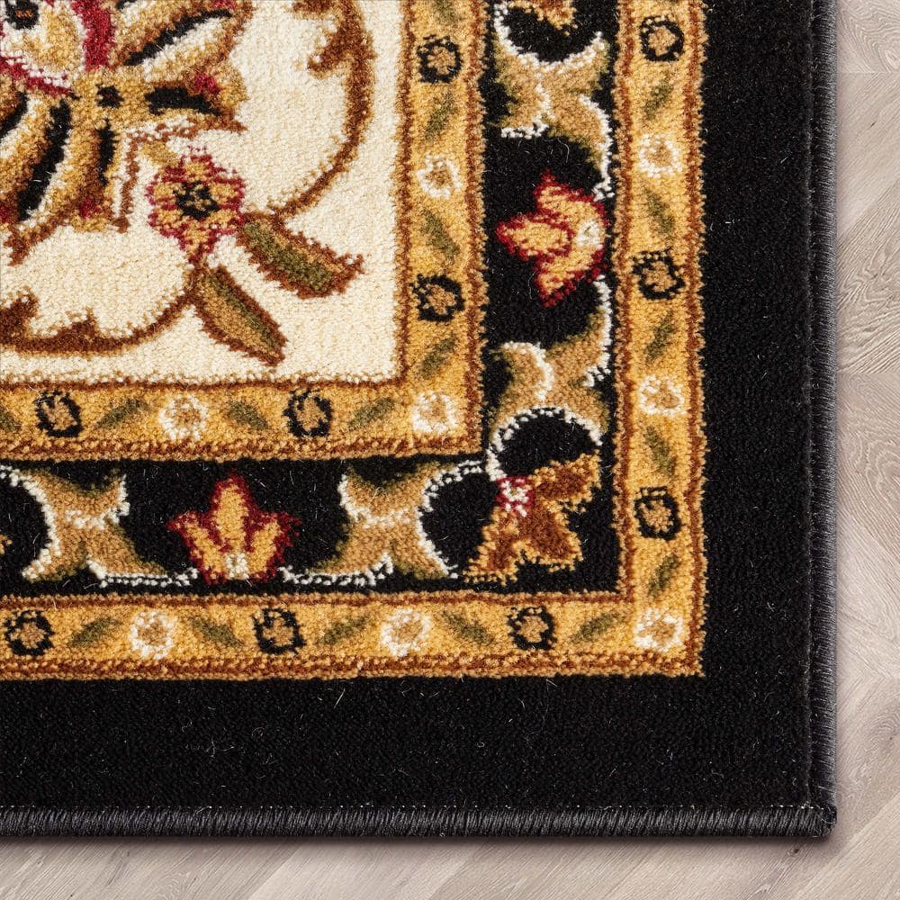 Black and Beige Rectangular Oriental Synthetic Area Rug