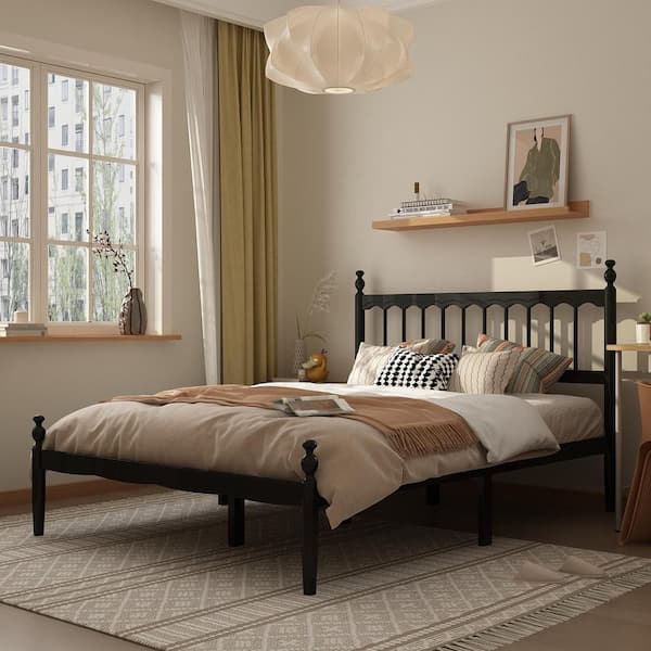 WIAWG Black Wood Frame Queen Panel Bed, Durable Rubberwood and Pine Construction, Traditional Minimalist Style