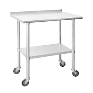Sliver Stainless Steel 30 in. Kitchen Prep Table with Caster Wheels Undershelf and Backsplash