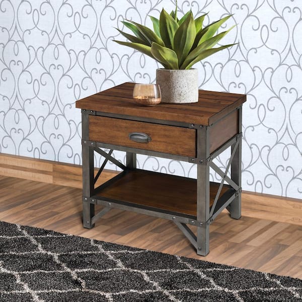 Benjara Brown Wooden Nightstand with Metal Block Legs and Open Shelf 23.75" L x 18.5" W x 26" H