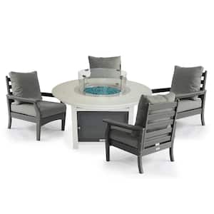 Vail 48 in. Two-Tone White Round Fire Pit, 5-Piece Plastic Patio Conversation Set with Gray Aspen Chairs
