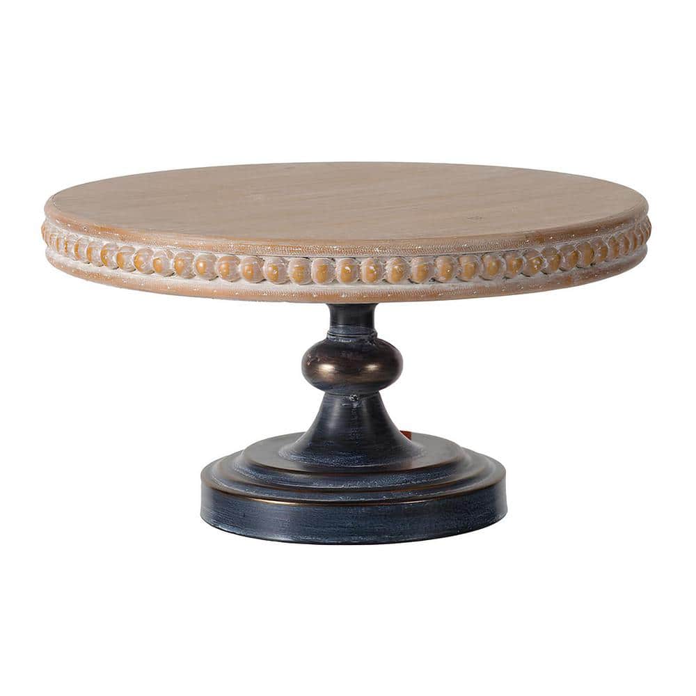 Black Brown 14 in. Wooden Display Table Decor Round Tray Stand with Beaded 