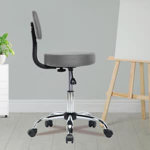 Gray Adjustable Drafting Stool with Wheels and Backrest, Faux Leather Space-Saving Rolling Stool