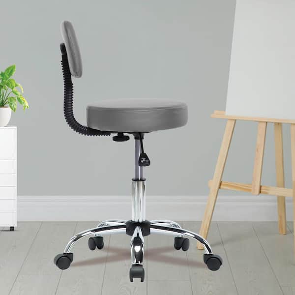 Faux Leather Swivel, Adjustable, and Wheeled Ergonomic Stool Chair in Gray with Fixed Arms