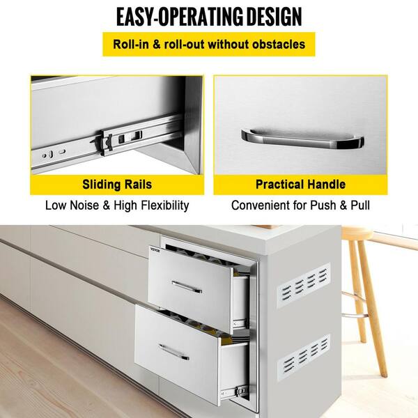 Seeutek Outdoor Kitchen Drawer 304 Stainless Steel 14 W x 14.38 H Double Layer Access Drawer Construction Flush Mount BBQ Island Drawer Storage with Chrome Handle Black Double-Track Access Drawer 