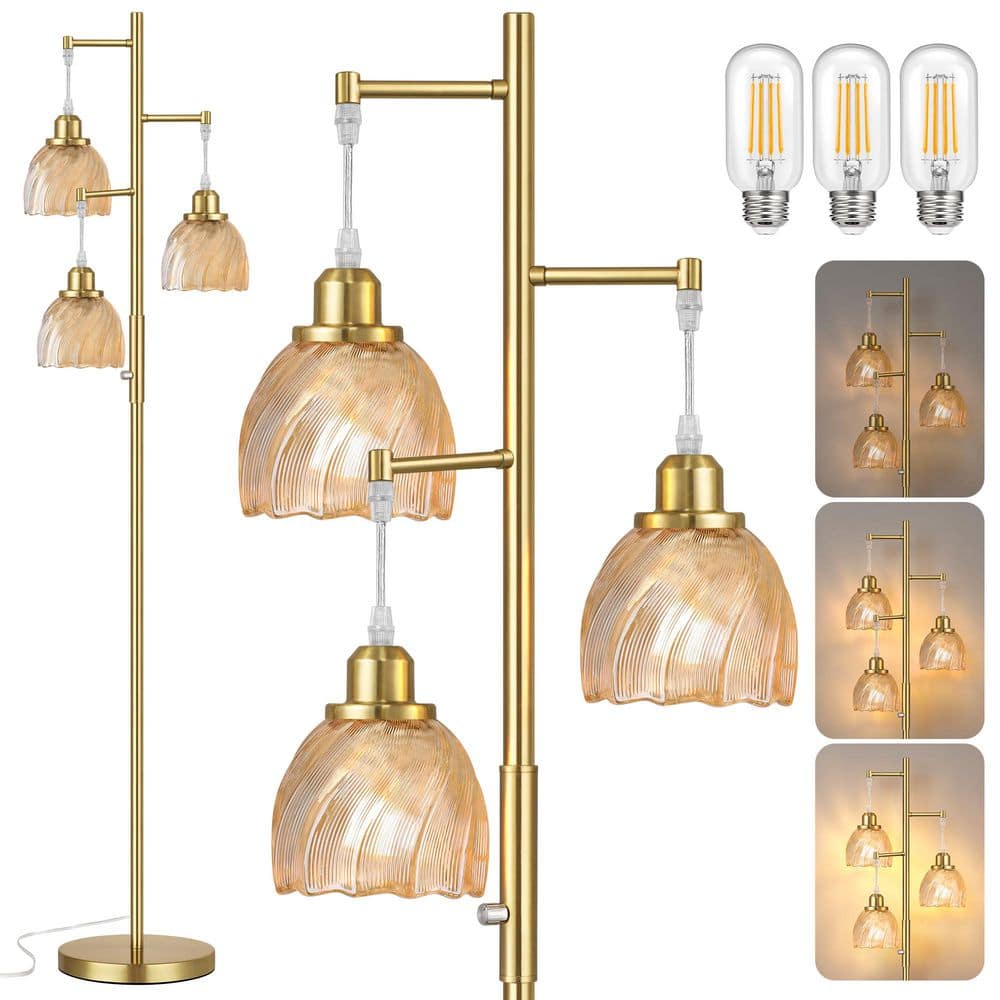 ROTTOGOON 66 in. Gold Mid Century 3-Light Dimmable Tree Floor Lamp