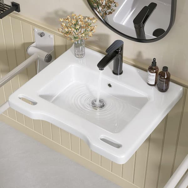 24 in. L x 19.7 W x 5.3 D ADA Wall-Hung Bathroom Sink Wheelchair Accessible White Ceramic Basin with Overflow and Handle