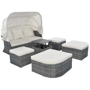 Wicker Outdoor Furniture Set Day Bed Sunbed with Cushions Retractable Canopy