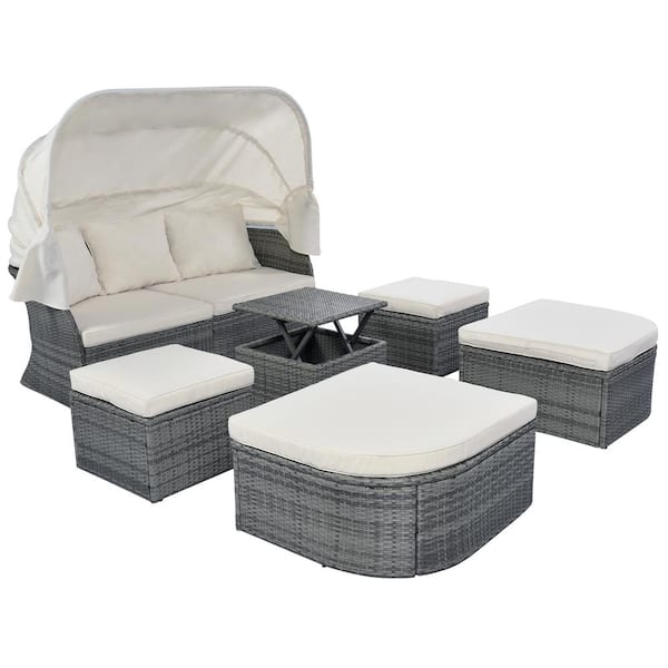 Unbranded Wicker Outdoor Furniture Set Day Bed Sunbed with Cushions Retractable Canopy