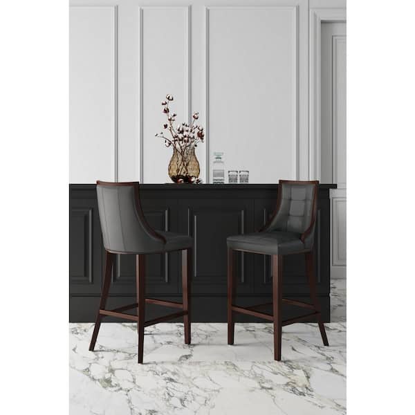 Manhattan Comfort Fifth Avenue 31.5 in. Pebble Grey Beech Wood Barstool with Faux Leather Upholstered Seat (Set of 2)