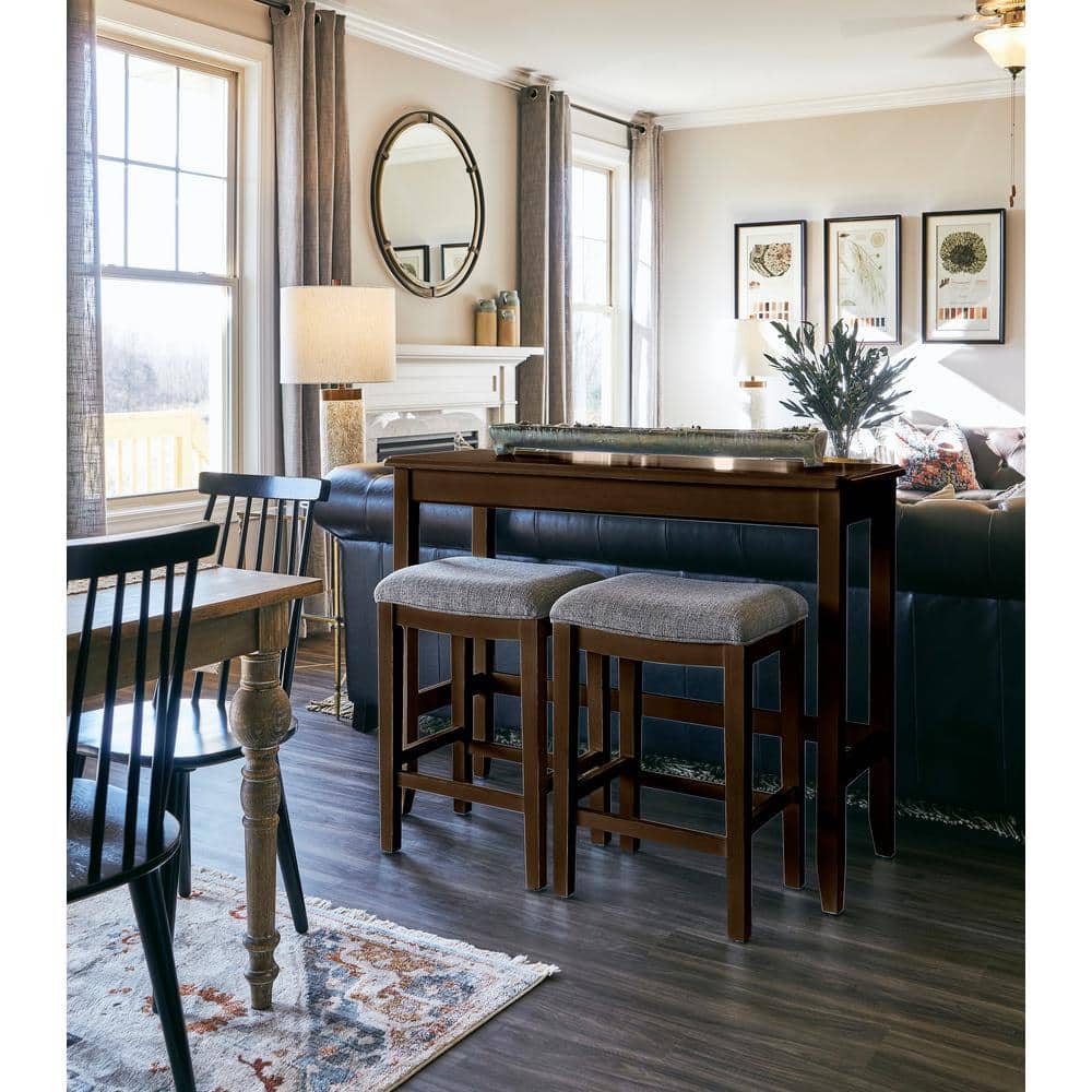 Espresso Solid Pine Sofa Table and Stools Set