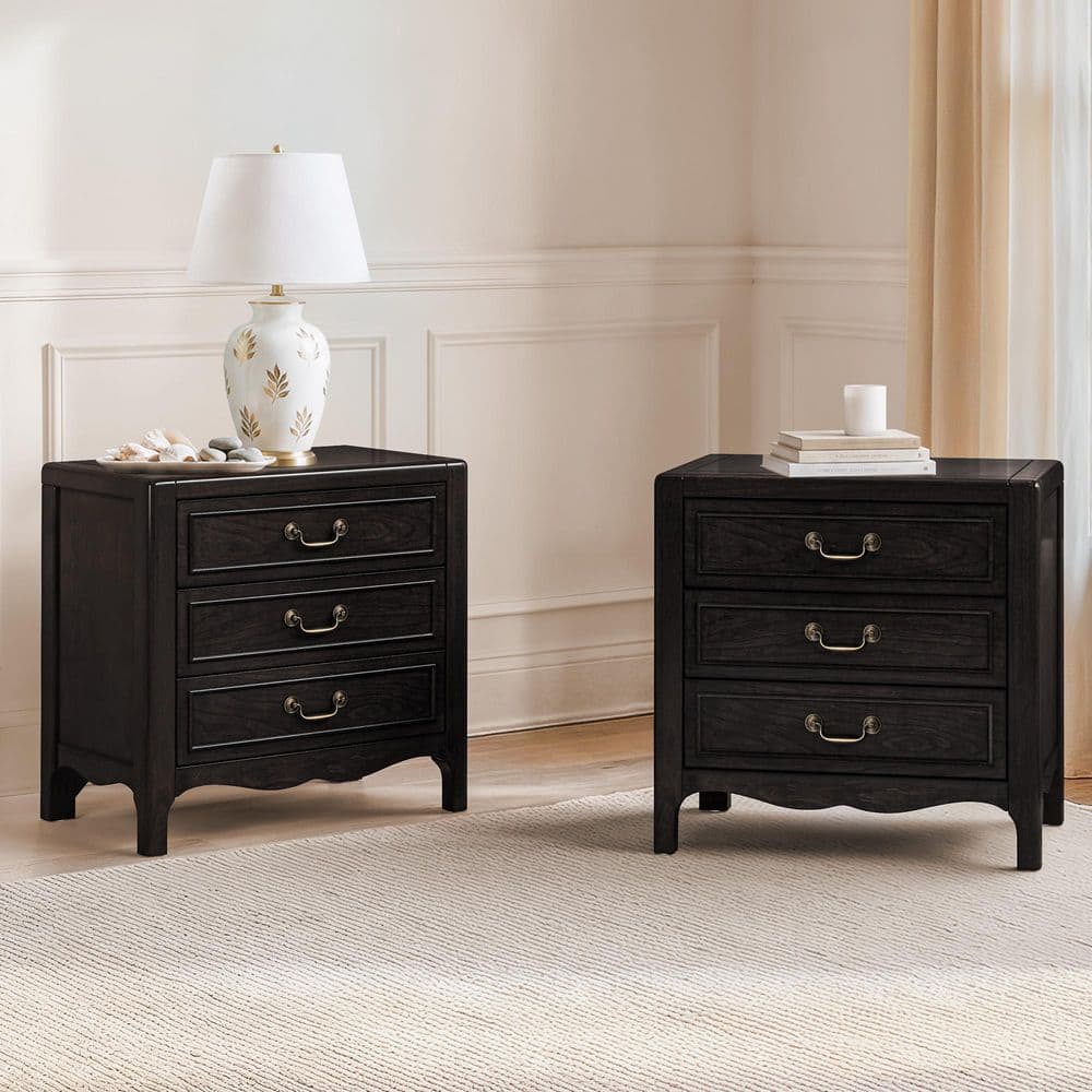 Mid-century Black Bedside Table 3-Drawers 27 in. W Solid Wood Nightstand (set of 2)
