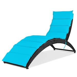Black Rattan Folding Wicker Outdoor Chaise Lounge Chair with Turquoise Cushion