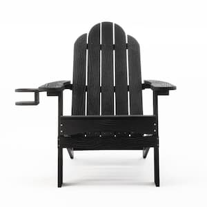 Miranda Black Foldable Recycled Plastic Outdoor Patio Adirondack Chair with Cup Holder for Yard/Firepit/Pool(Set of 1)