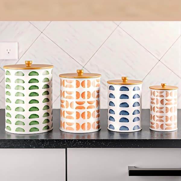 4-Piece Patterned Iron Kitchen Canisters with Airtight Lids, Kitchen Canisters for Countertop