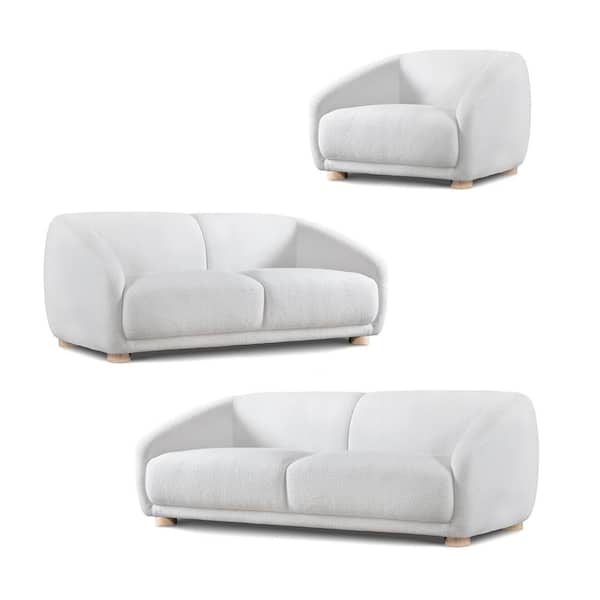 Waxley 3-Piece White Teddy Boucle Polyester Sofa, Loveseat and Chair Living Room Set