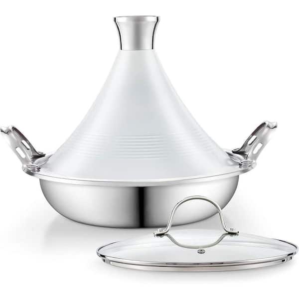 3.6 qt. 11 in. Multi-Ply Clad Stainless Steel Moroccan Tagine Pot with Conical Die-Cast Aluminum and Glass Lid, White