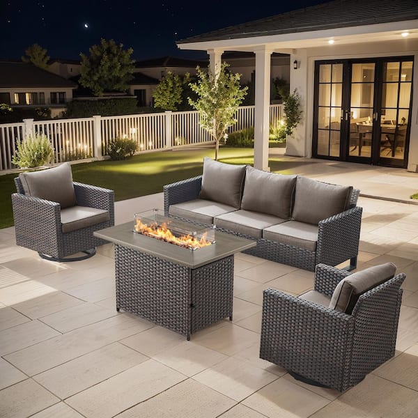 U-Foot 4-Piece Brown Wicker Fire Pit Conversation Set with Olefin Gray Cushions and Swivel Glider Chairs/Couch