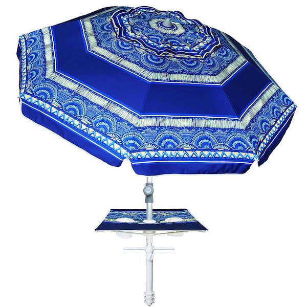 Angel Sar 7 ft. Heavy Duty High Wind Beach Umbrella with Sand Anchor and Built-in Table Tray for Patio Garden Pool, Blue Pattern