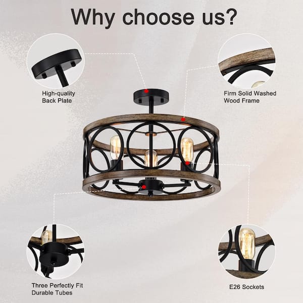 Sunpez 17.72 in. W Flush Mount Ceiling Light 3-Light Black Cage Chandelier, 3 x E26, Bulb Not Included