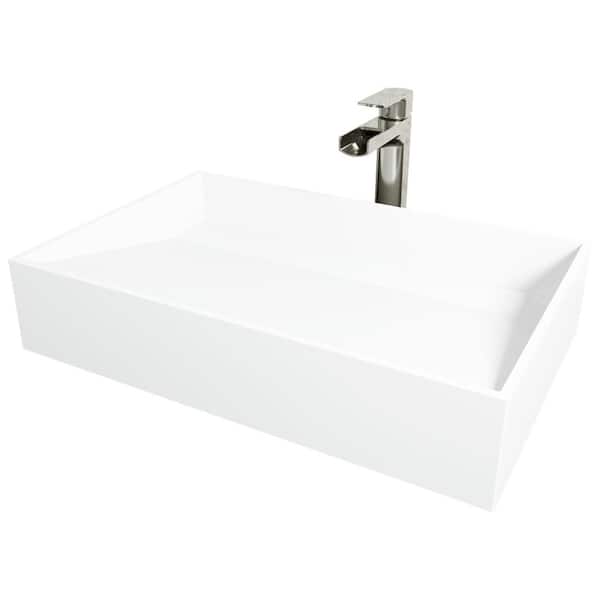 VIGO Matte Stone Starr Composite Rectangular Vessel Bathroom Sink in White with Amada Faucet and Drain in Brushed Nickel