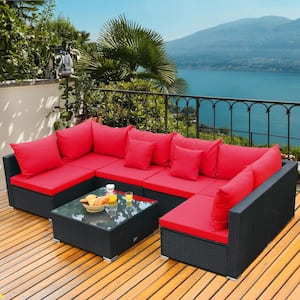 7-Piece Wicker Patio Conversation Set with Tempered Glass Top and Red Cushions