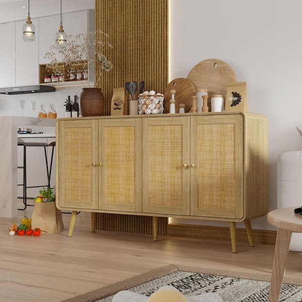 Burly Wood Grain Yellow 32.1 in. H Accent Storage Cabinet, Bookcase, Sideboard with 8-Shelves and Rattan Weaving Doors