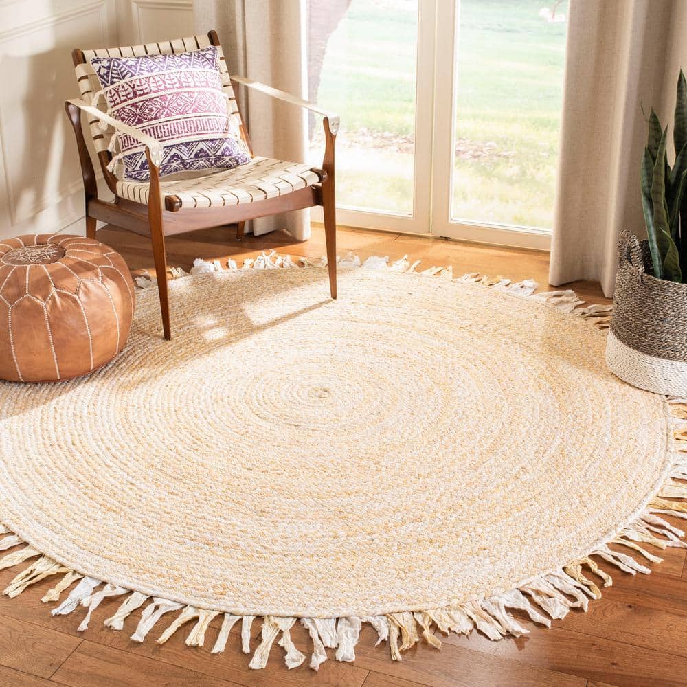 Beige Cotton Braided Round 3' Rug with Fringe