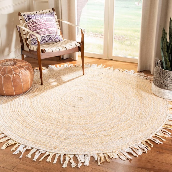 Braided Beige Doormat 3 ft. x 3 ft. Round Solid Striped Area Rug