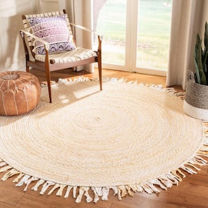 Braided Beige 5 ft. x 5 ft. Round Solid Striped Area Rug