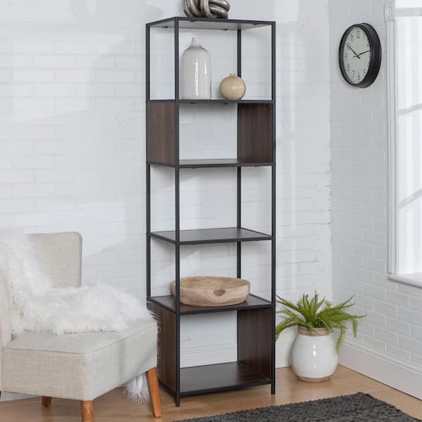 Walker Edison Furniture Company 70 in. Dark Walnut/Black Metal 5-shelf Etagere Bookcase with Open Back