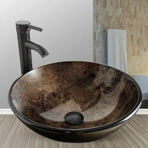 16.5 in. Glass Round Vessel Sink in Brown with Faucet and Pop-Up Drain