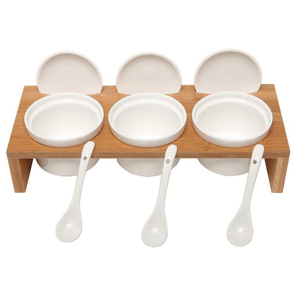 6.02 in. White/Bamboo Ceramic Round Chip & Dip Servers with Lids & Spoons (Set of 3)